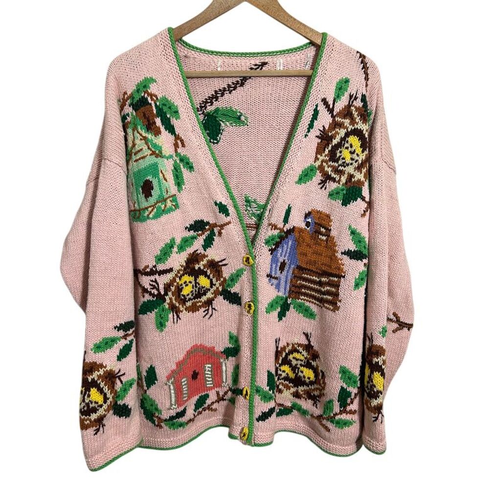 VTG Cardigan Bay Hand Knit Sweater M/L Birdhouse Pink Novelty Granny Cottage